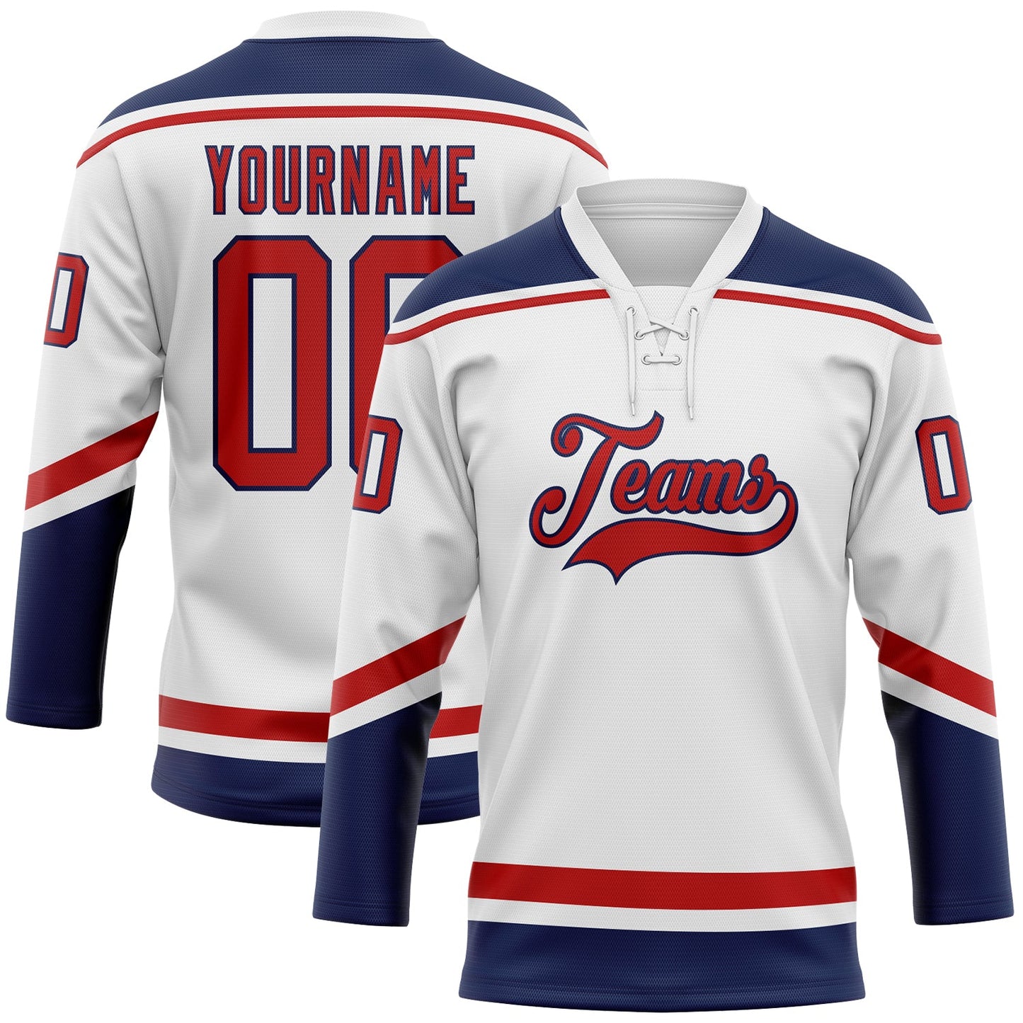 Custom White Red-Navy Hockey Lace Neck Jersey - Main View