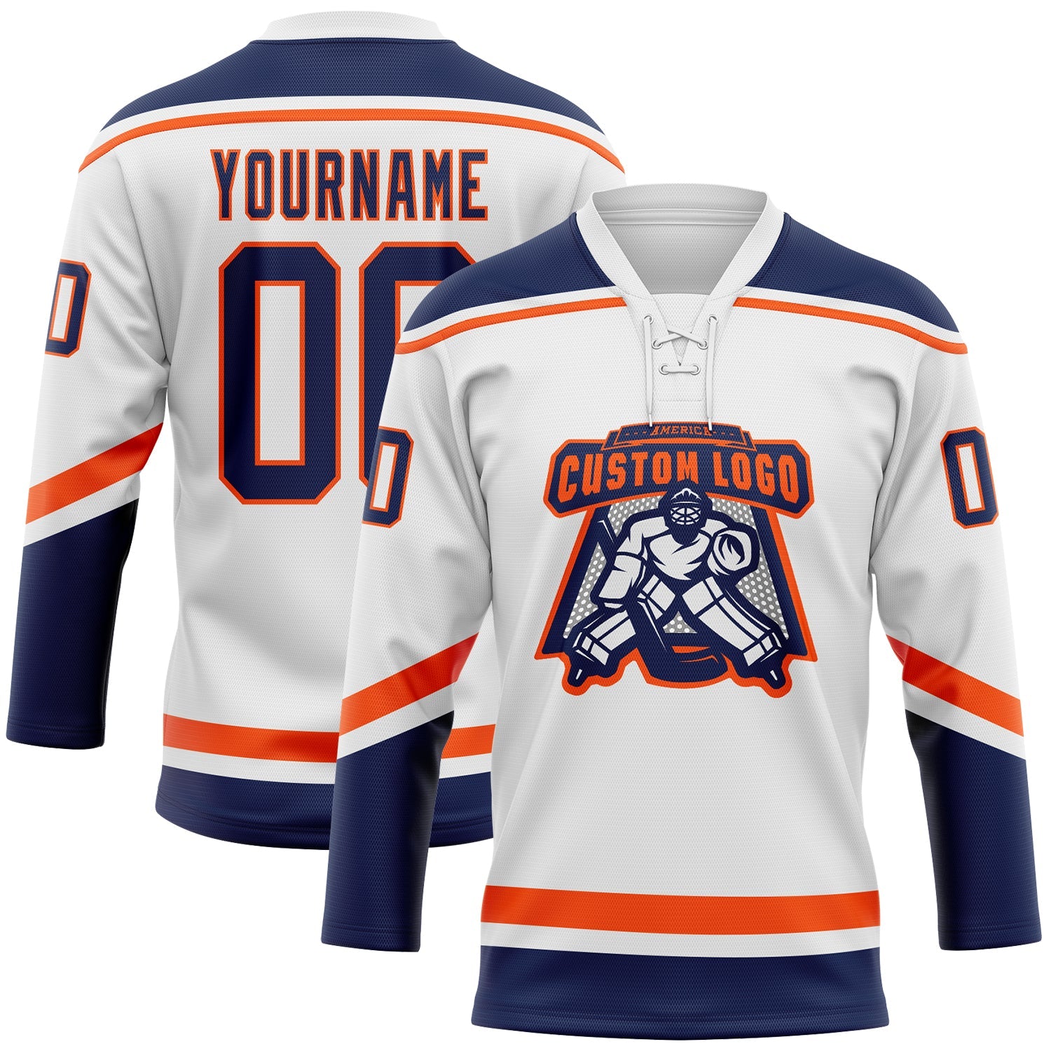 Custom White Navy-Orange Hockey Lace Neck Jersey view 2