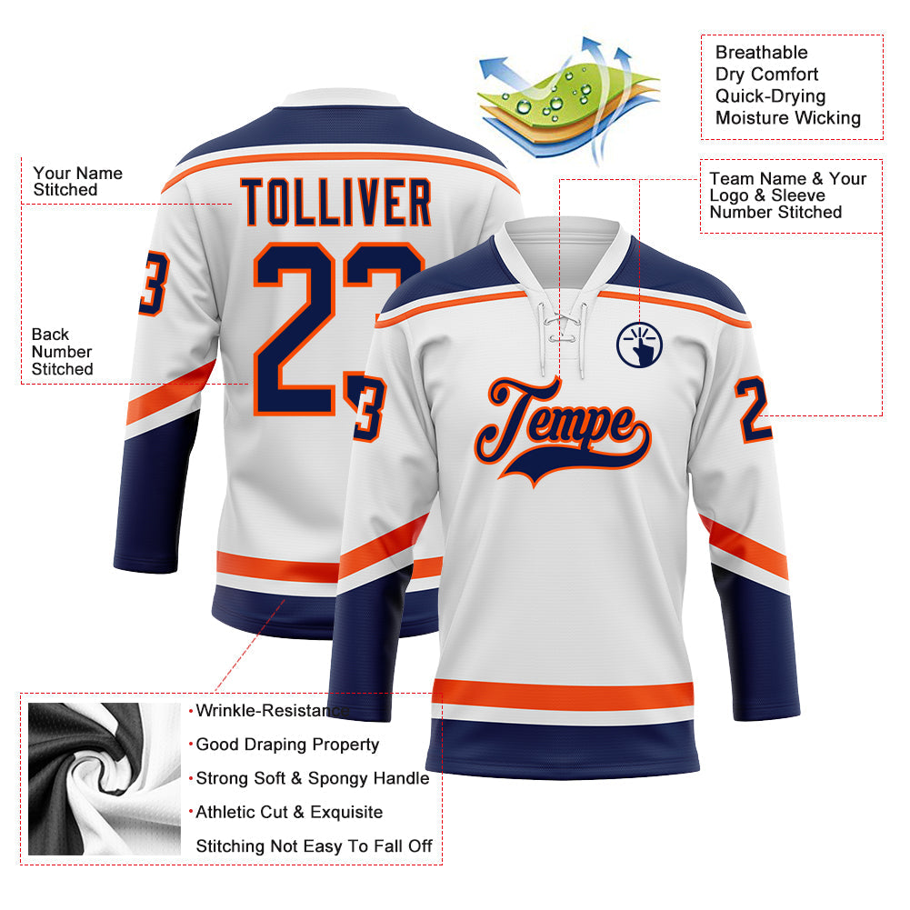Custom White Navy-Orange Hockey Lace Neck Jersey view 3