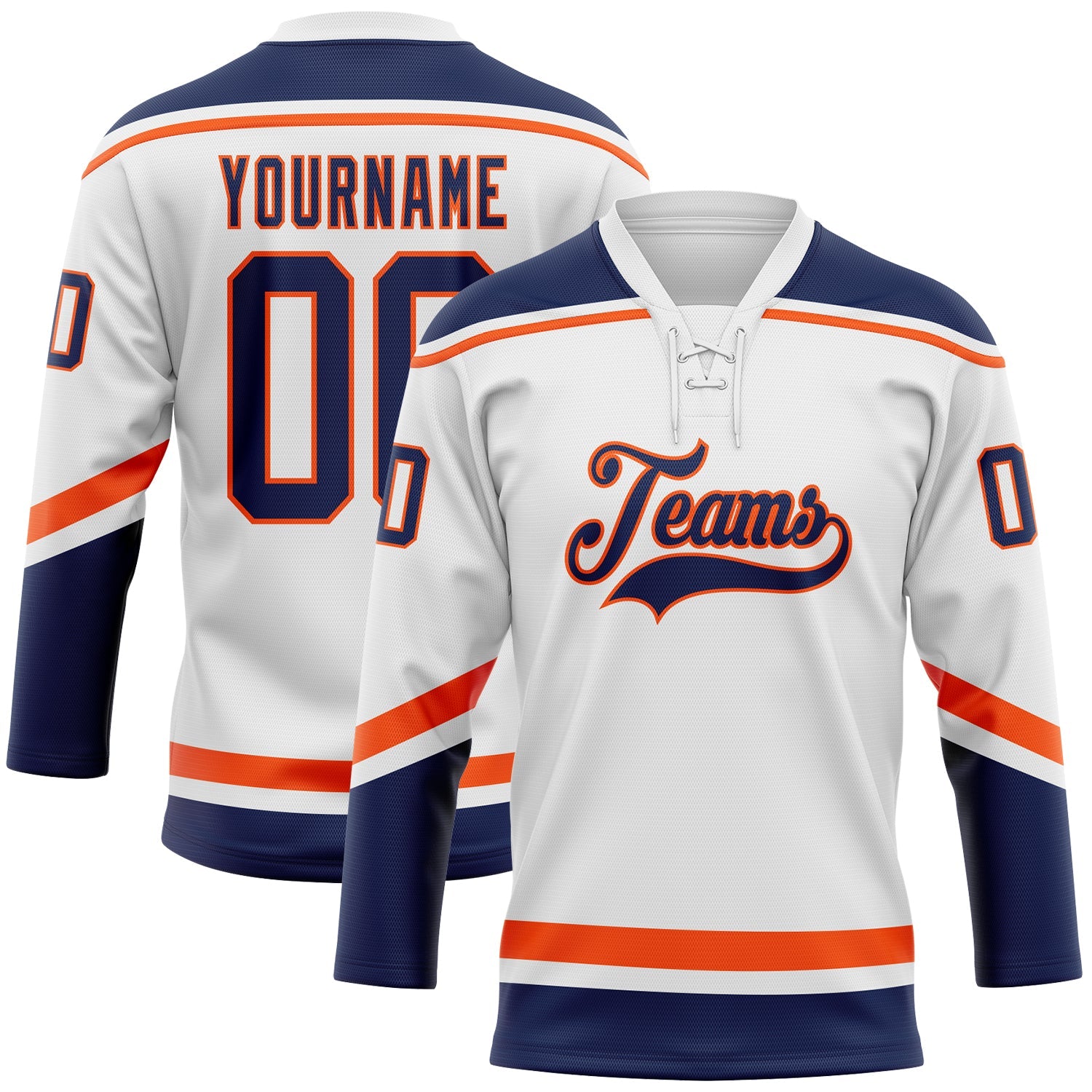 Custom White Navy-Orange Hockey Lace Neck Jersey - Main View