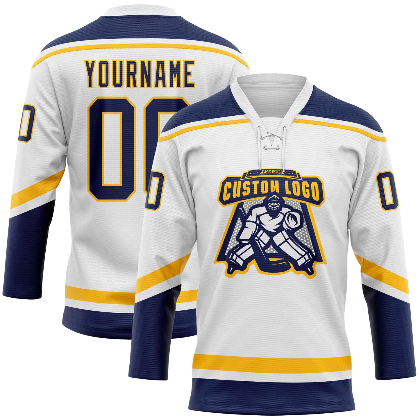 Custom White Navy-Gold Hockey Lace Neck Jersey view 2