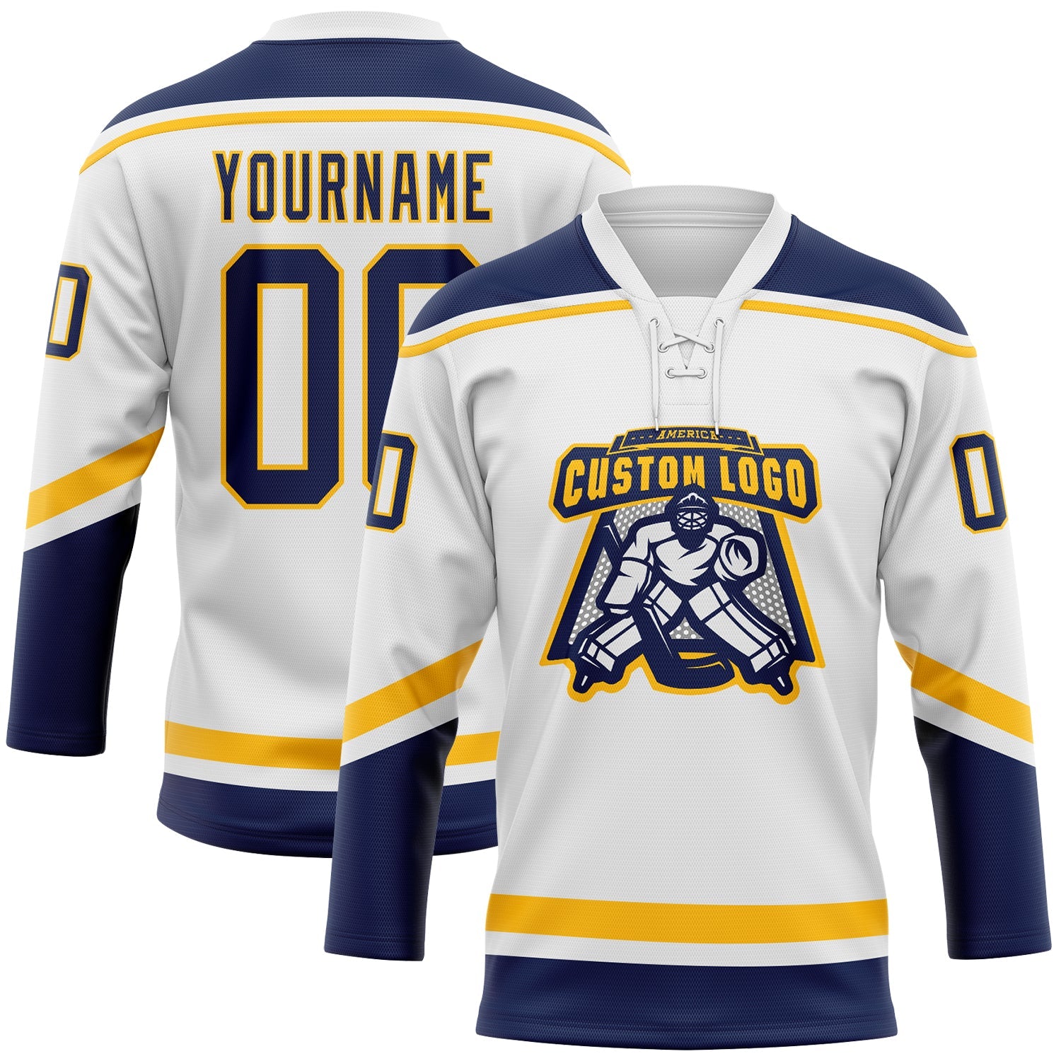 Custom White Navy-Gold Hockey Lace Neck Jersey view 2