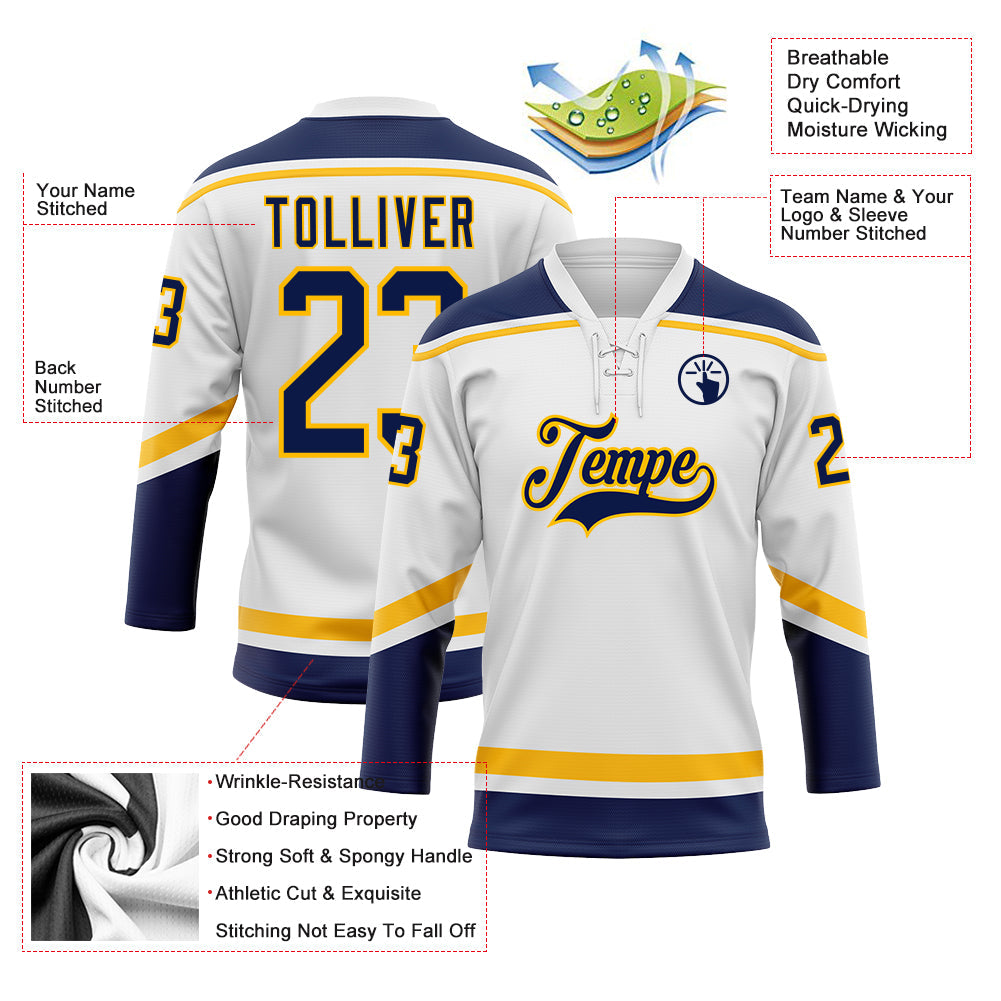 Custom White Navy-Gold Hockey Lace Neck Jersey view 3