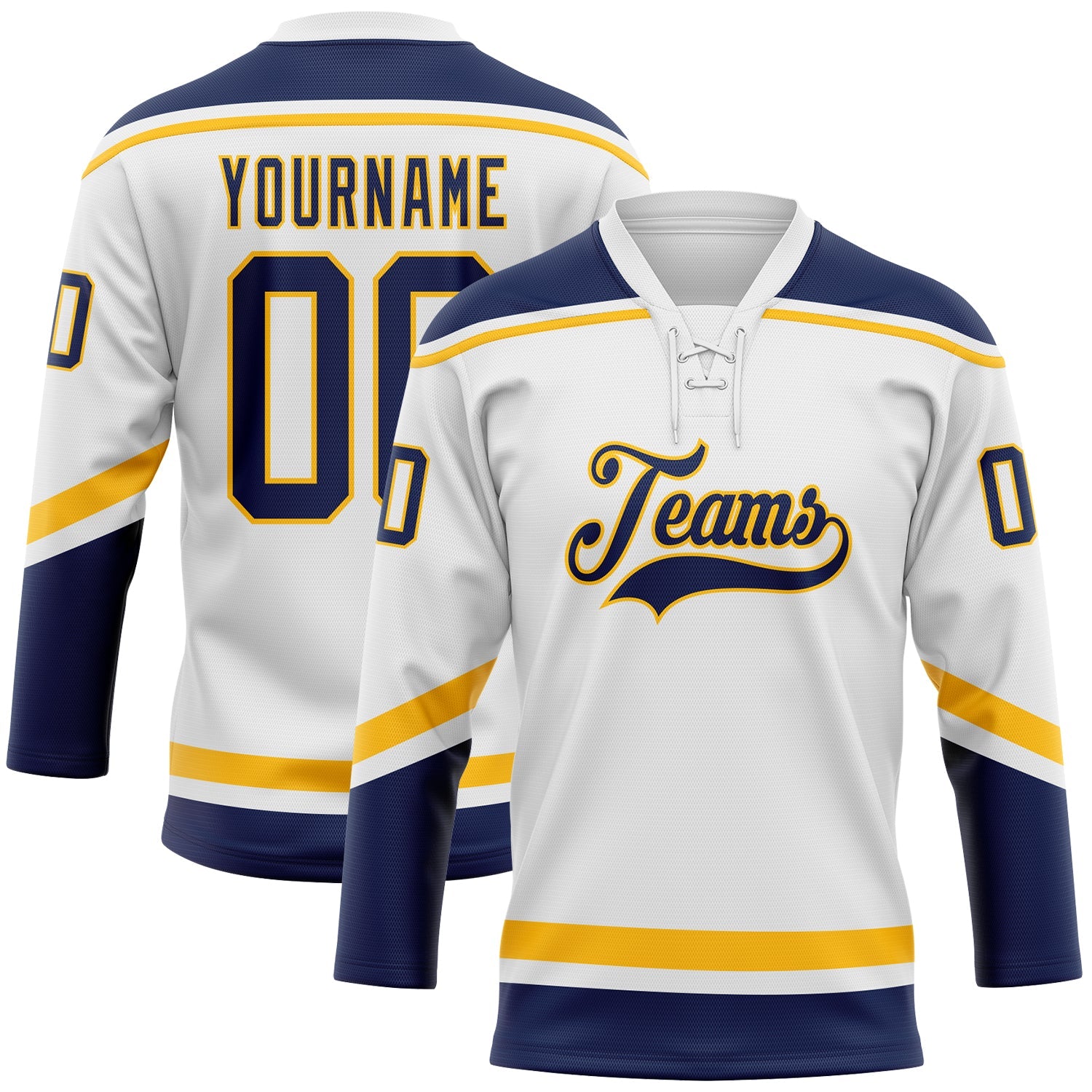 Custom White Navy-Gold Hockey Lace Neck Jersey - Main View