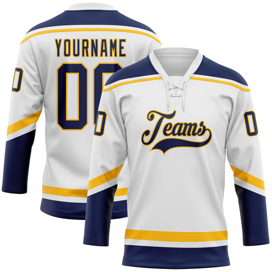Custom White Navy-Gold Hockey Lace Neck Jersey - Main View
