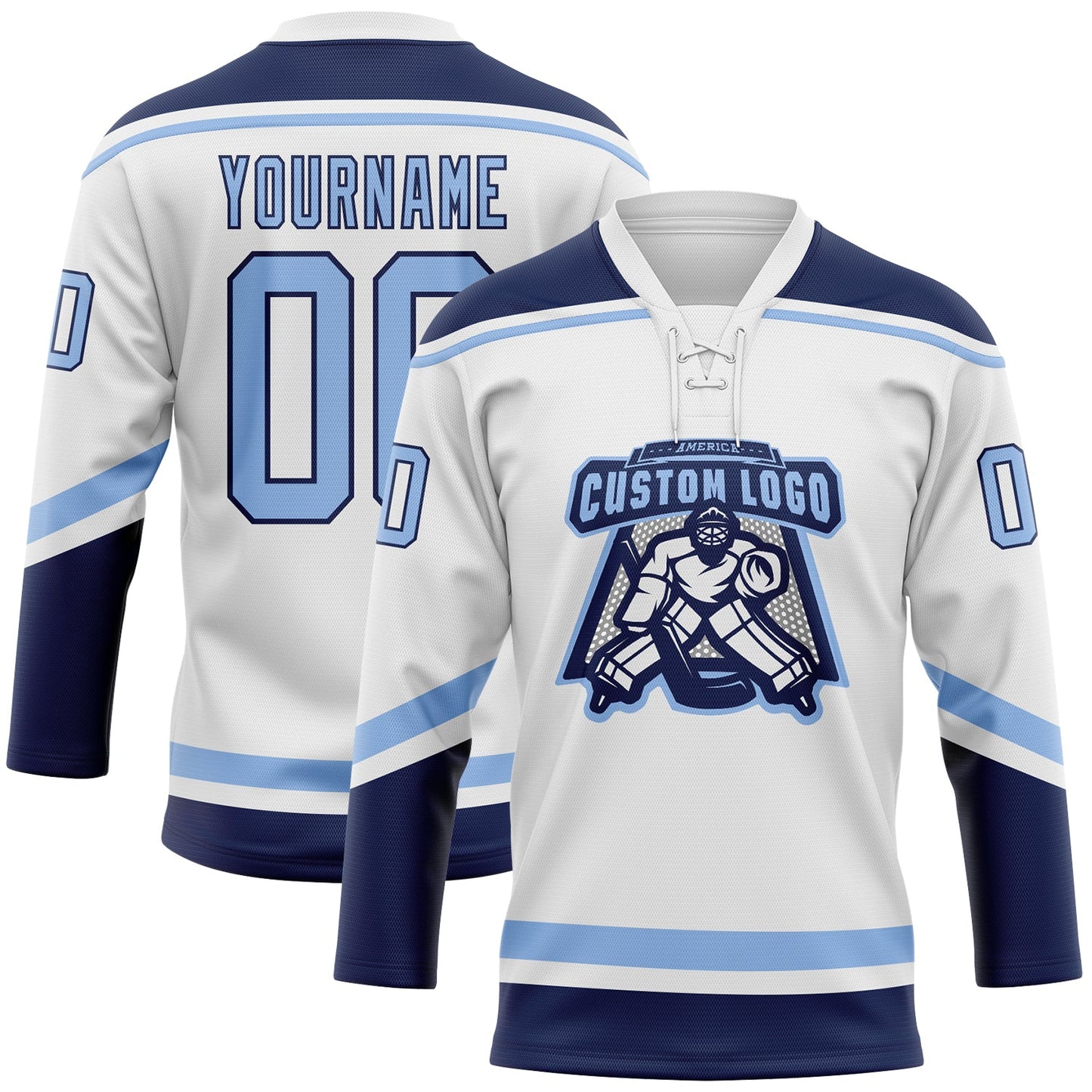 Custom White Light Blue-Navy Hockey Lace Neck Jersey view 2