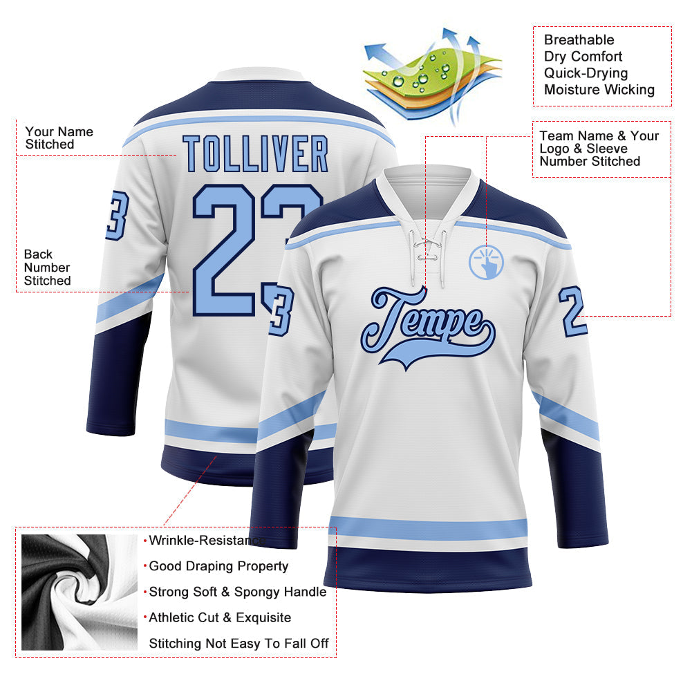Custom White Light Blue-Navy Hockey Lace Neck Jersey view 3