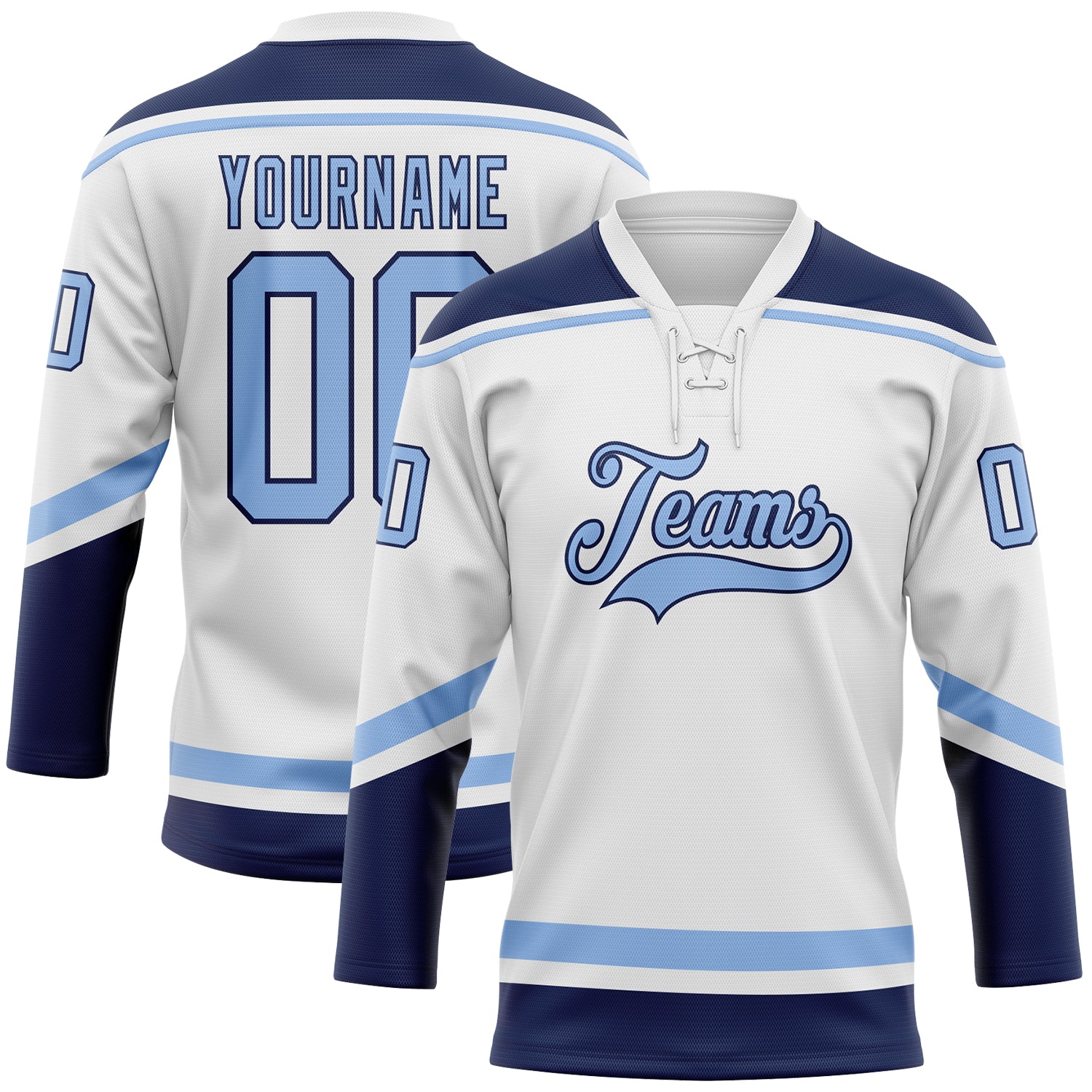 Custom White Light Blue-Navy Hockey Lace Neck Jersey - Main View