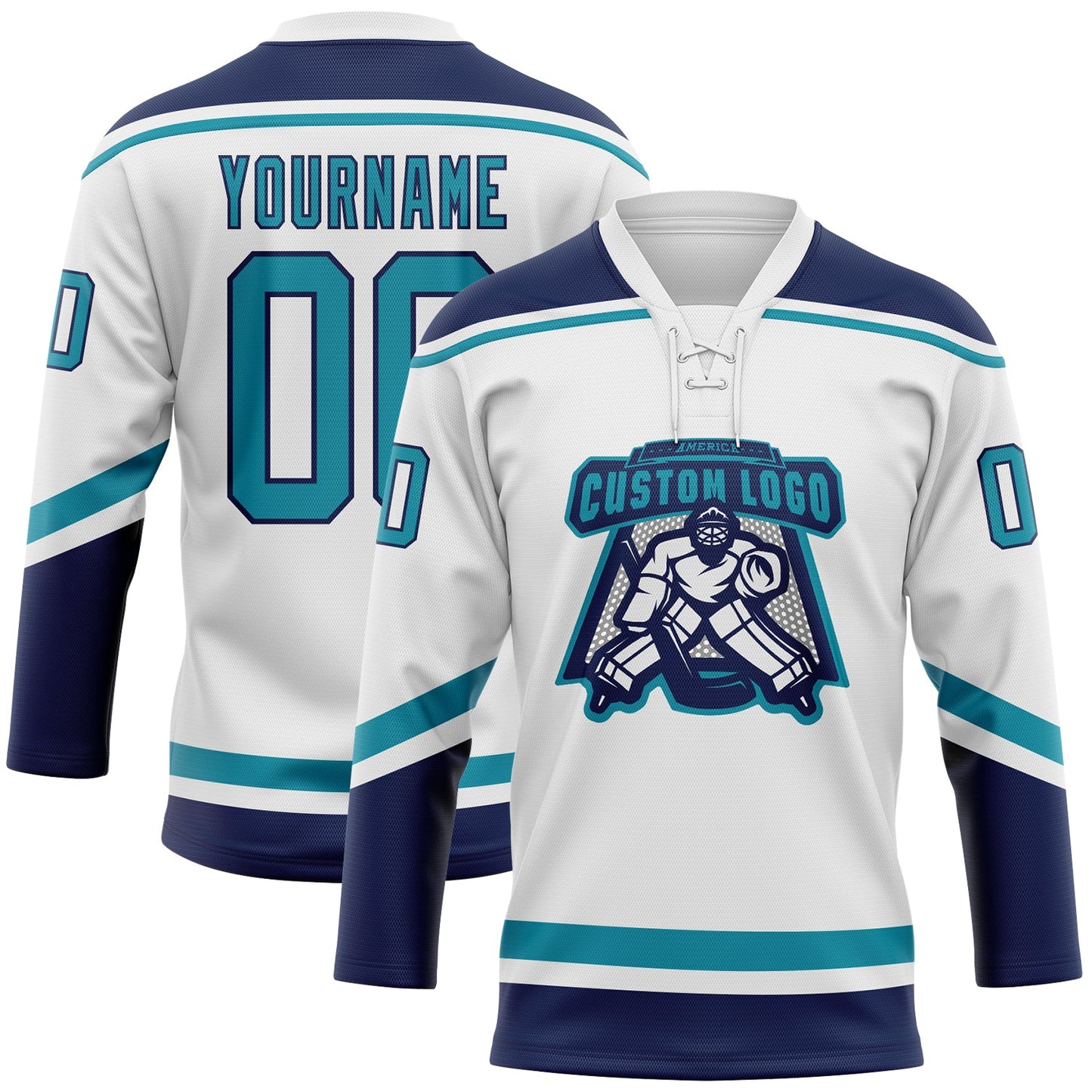 Custom White Teal-Navy Hockey Lace Neck Jersey view 2