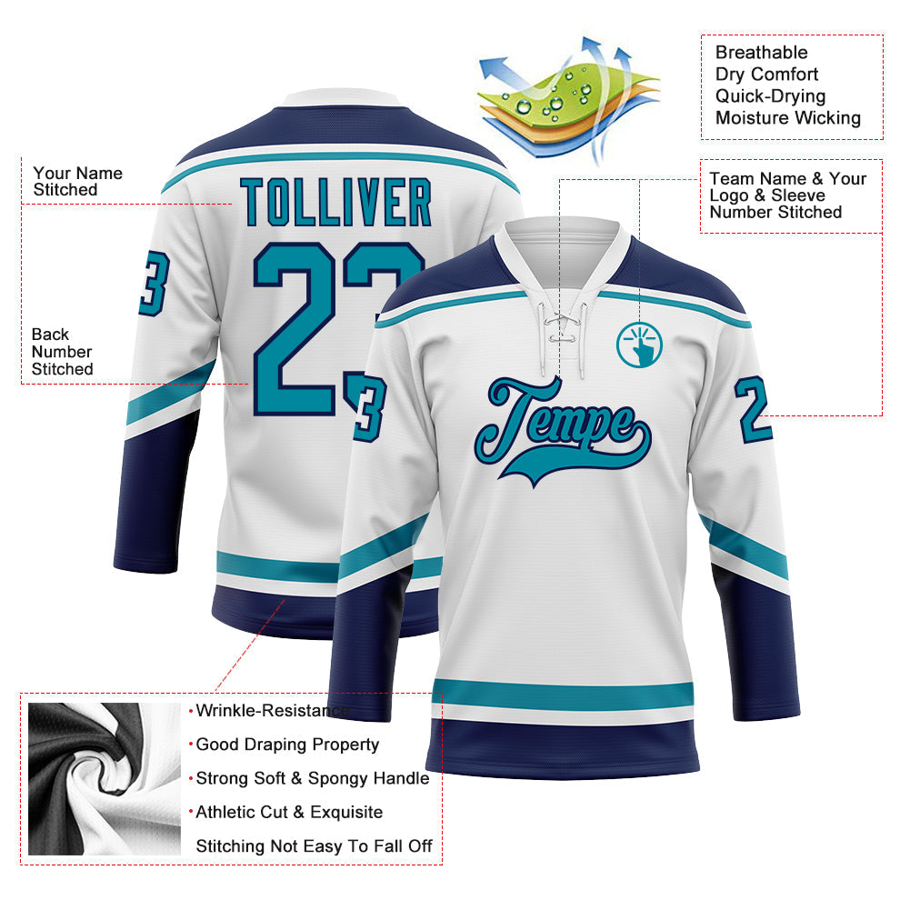 Custom White Teal-Navy Hockey Lace Neck Jersey view 3