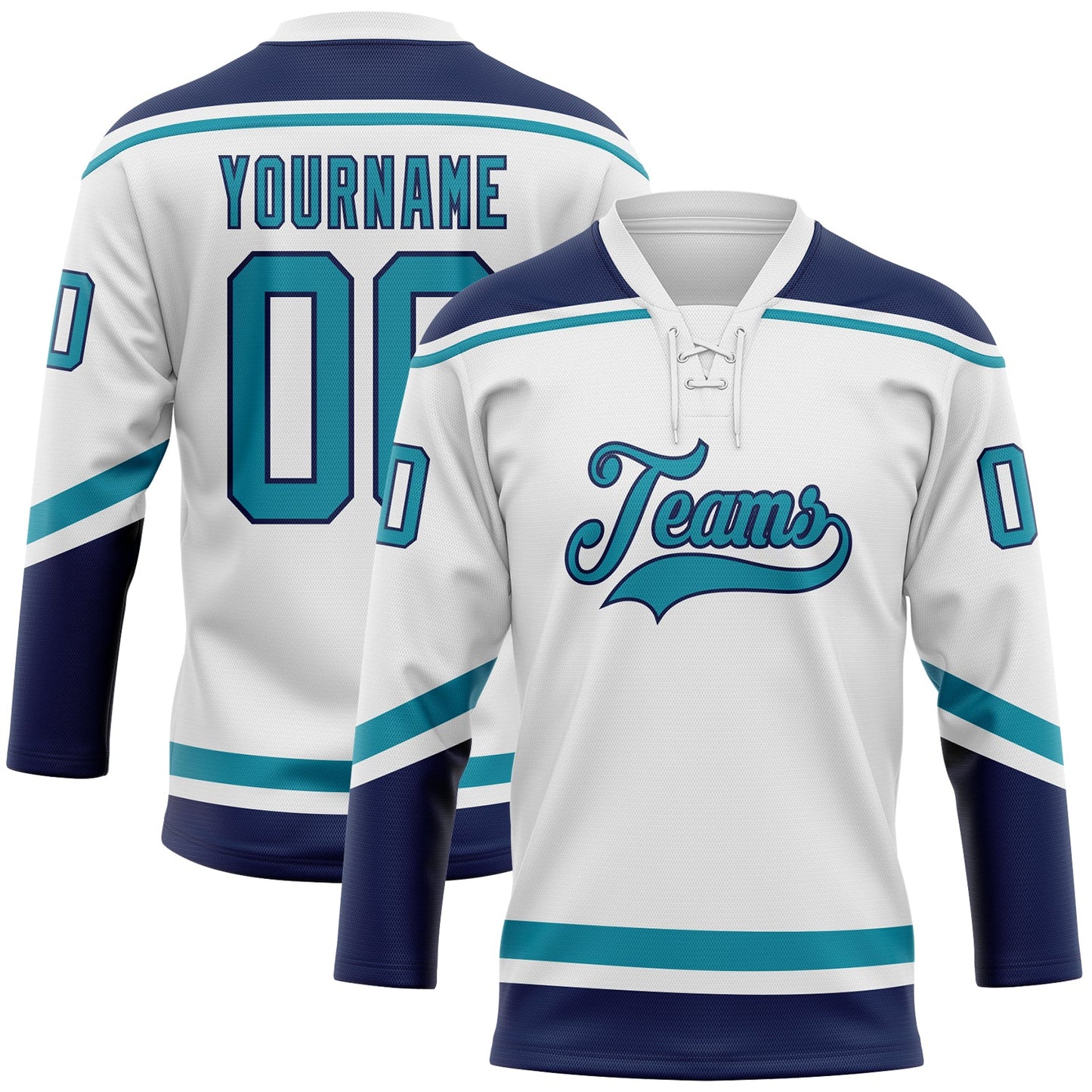 Custom White Teal-Navy Hockey Lace Neck Jersey - Main View