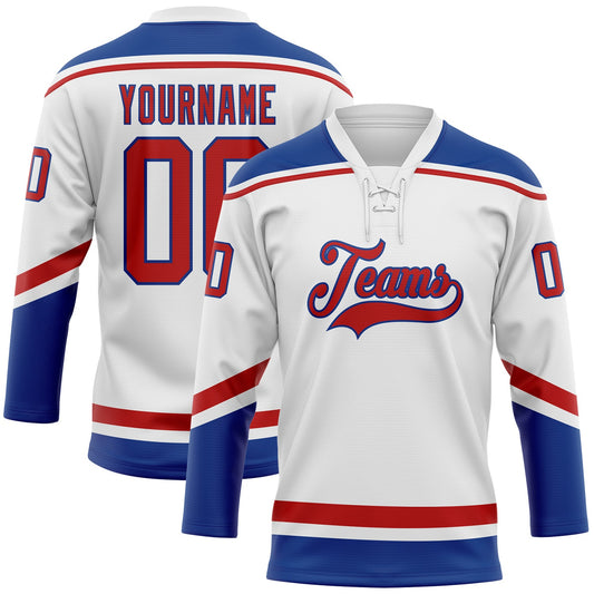 Custom White Red-Royal Hockey Lace Neck Jersey - Main View