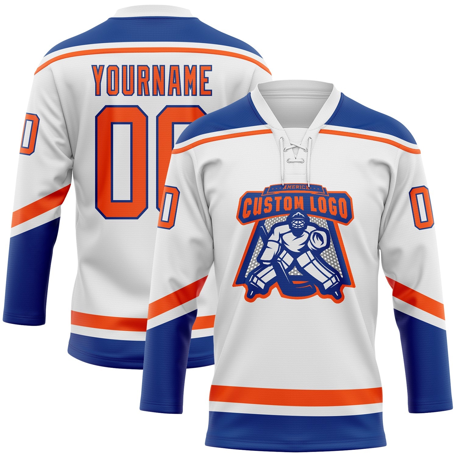 Custom White Orange-Royal Hockey Lace Neck Jersey view 2
