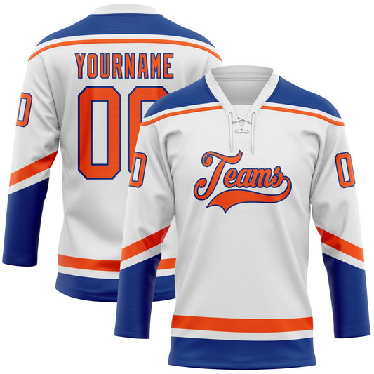 Custom White Orange-Royal Hockey Lace Neck Jersey - Main View