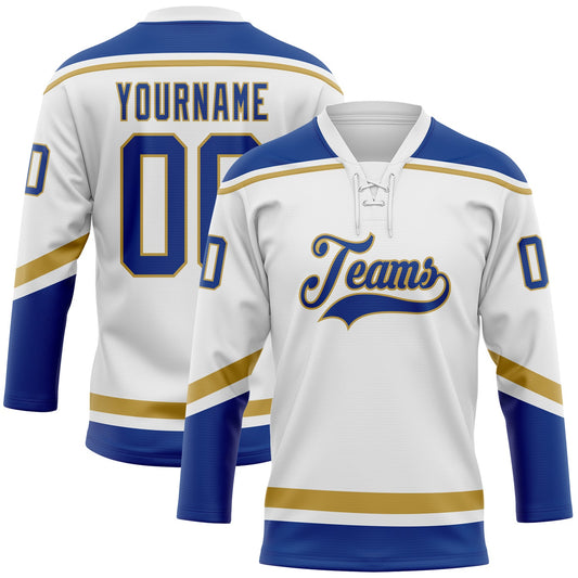 Custom White Royal-Old Gold Hockey Lace Neck Jersey - Main View