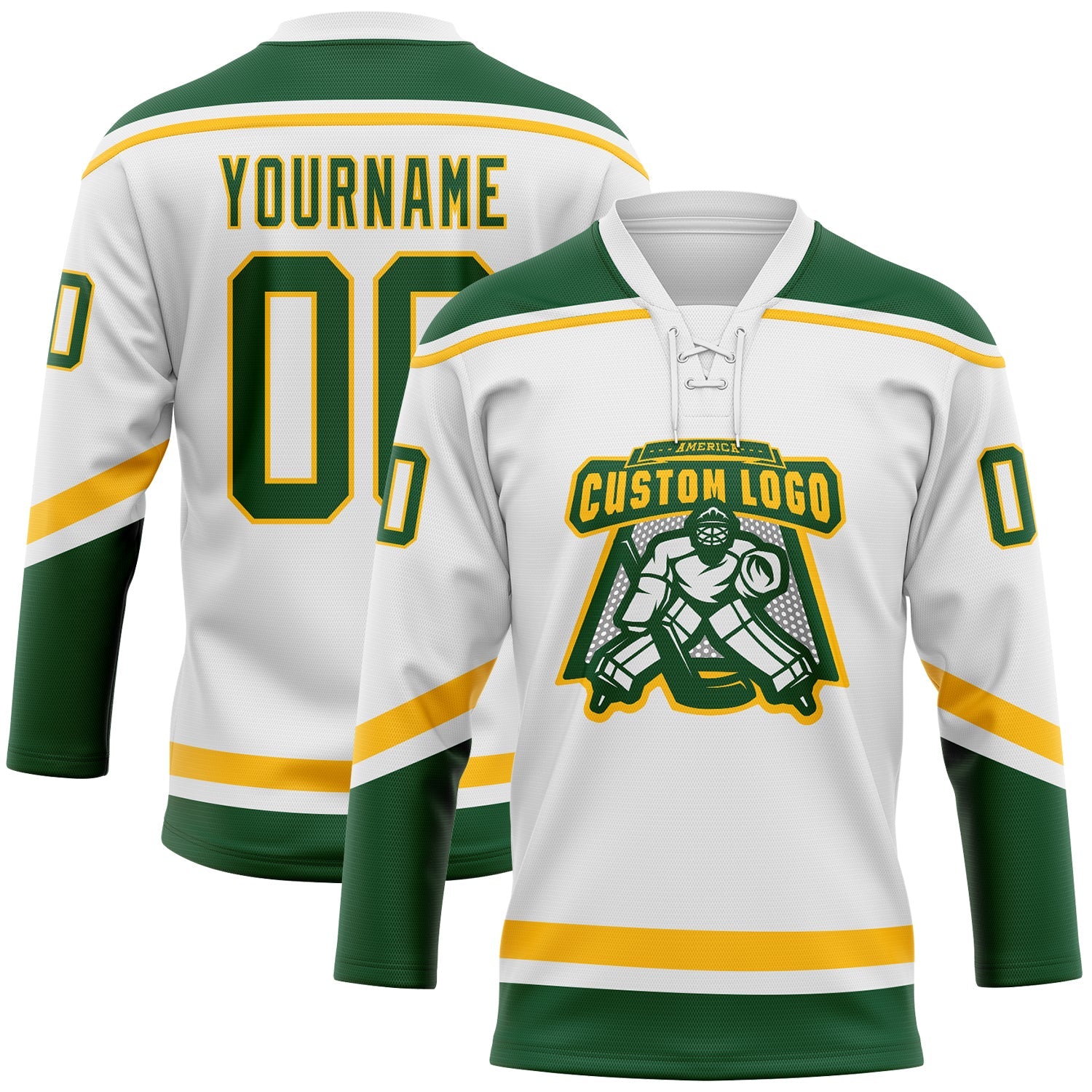 Custom White Green-Gold Hockey Lace Neck Jersey view 2