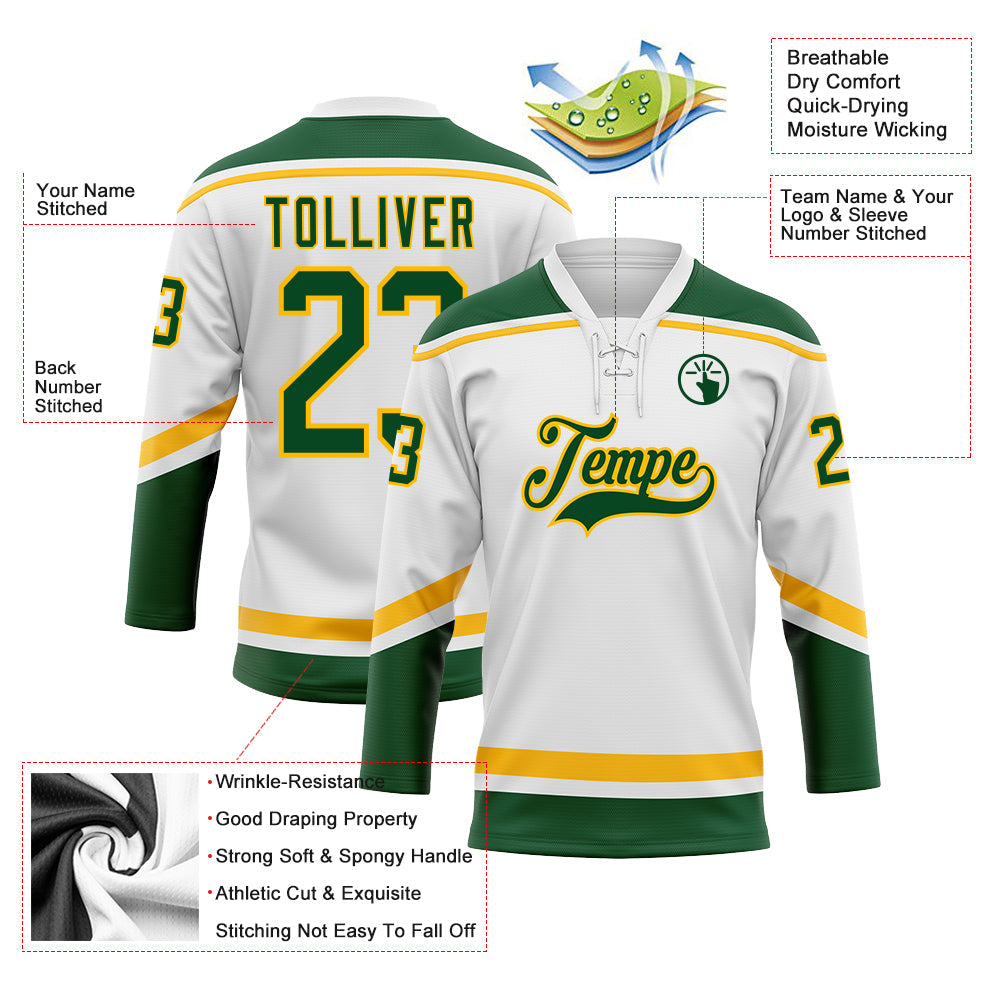 Custom White Green-Gold Hockey Lace Neck Jersey view 3