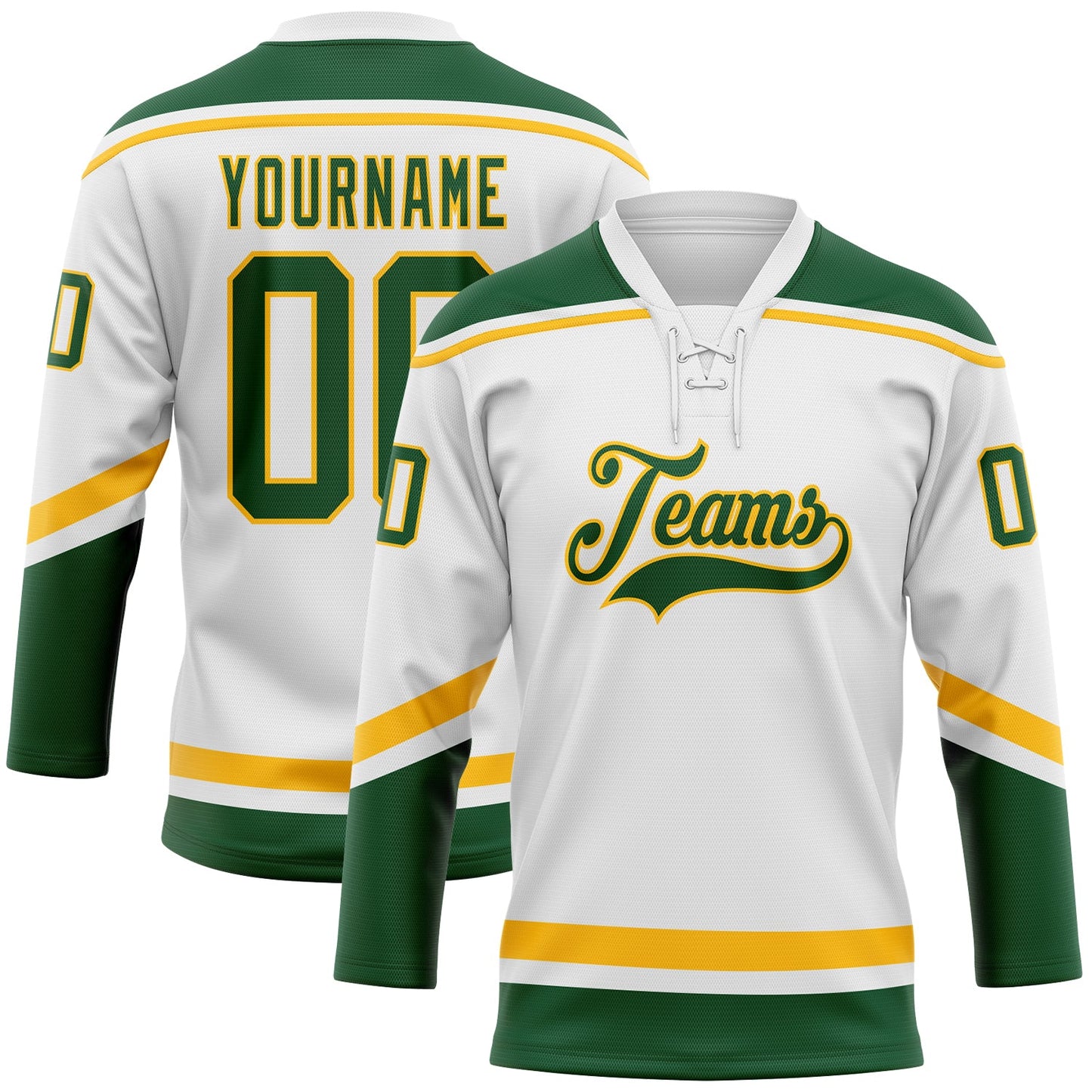 Custom White Green-Gold Hockey Lace Neck Jersey - Main View