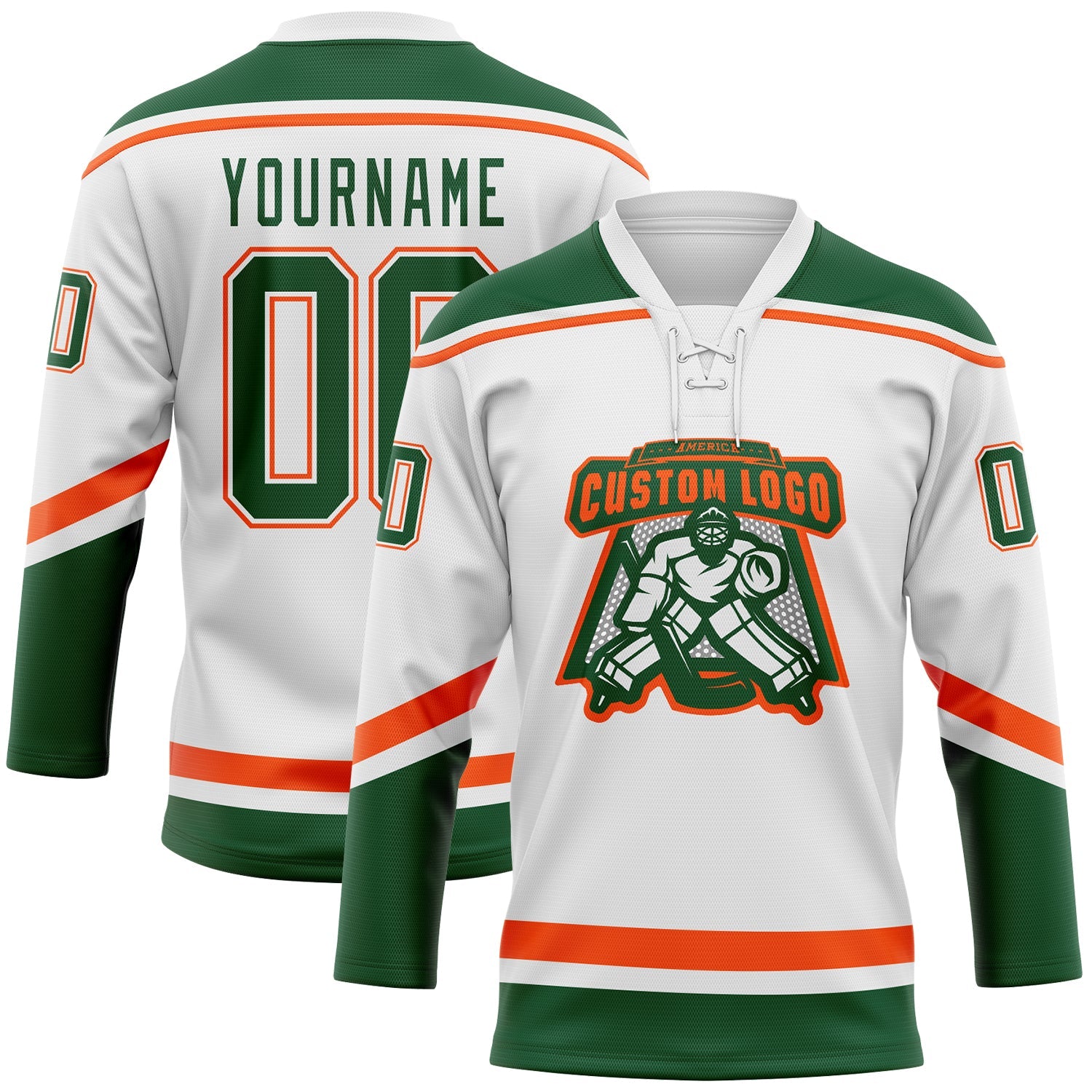 Custom White Green-Orange Hockey Lace Neck Jersey view 2