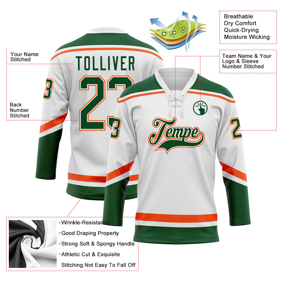 Custom White Green-Orange Hockey Lace Neck Jersey view 3
