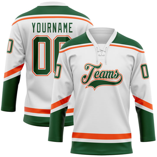 Custom White Green-Orange Hockey Lace Neck Jersey - Main View