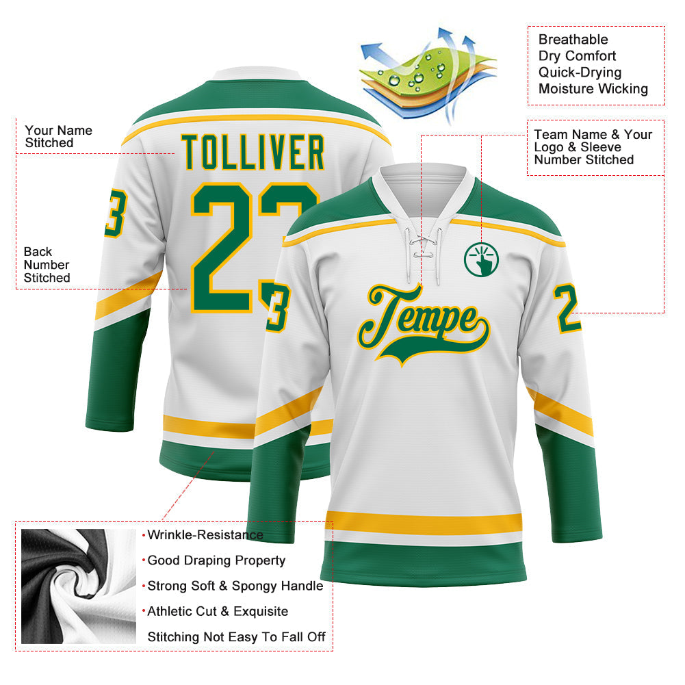 Custom White Kelly Green-Gold Hockey Lace Neck Jersey view 3