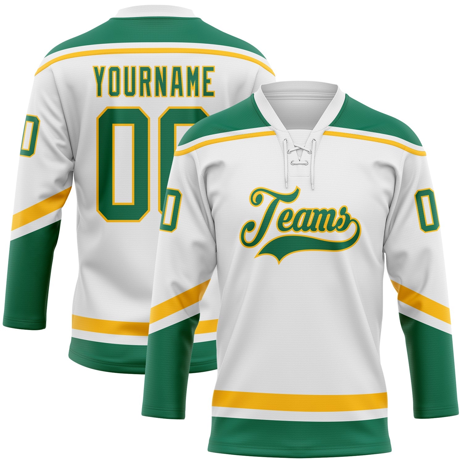 Custom White Kelly Green-Gold Hockey Lace Neck Jersey - Main View