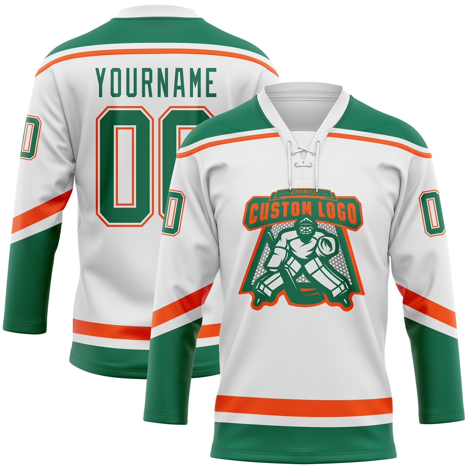Custom White Kelly Green-Orange Hockey Lace Neck Jersey view 2