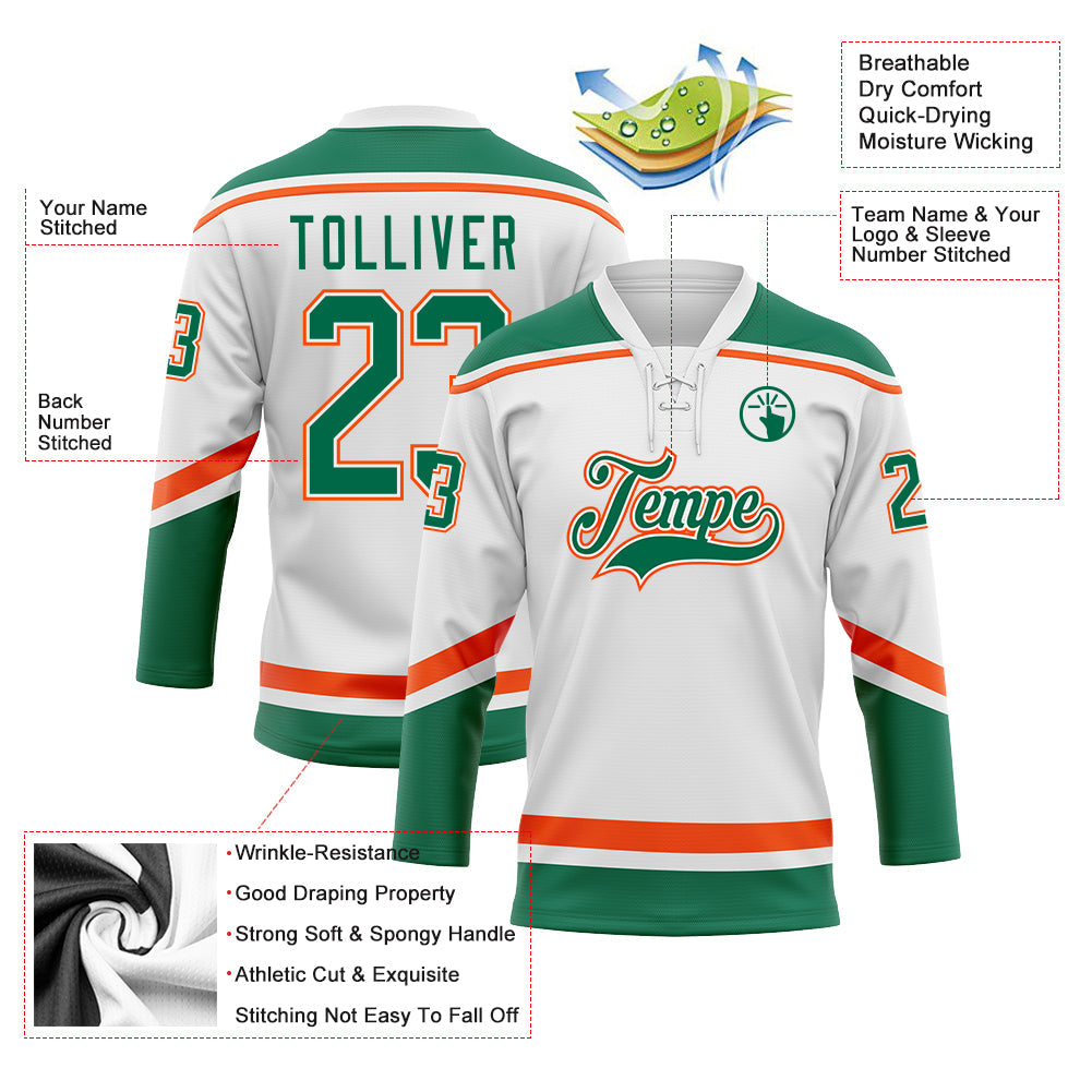 Custom White Kelly Green-Orange Hockey Lace Neck Jersey view 3