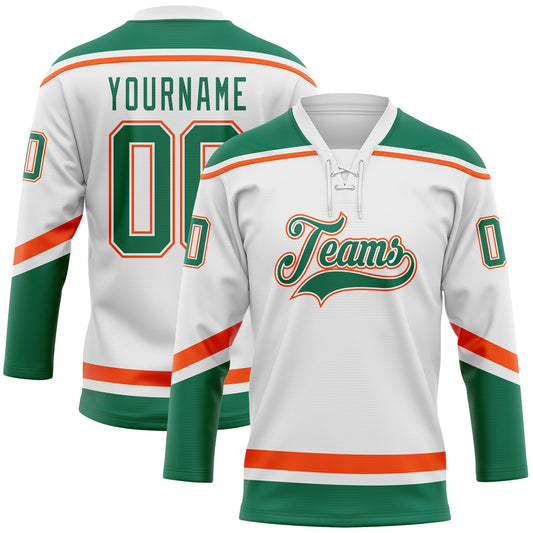 Custom White Kelly Green-Orange Hockey Lace Neck Jersey - Main View