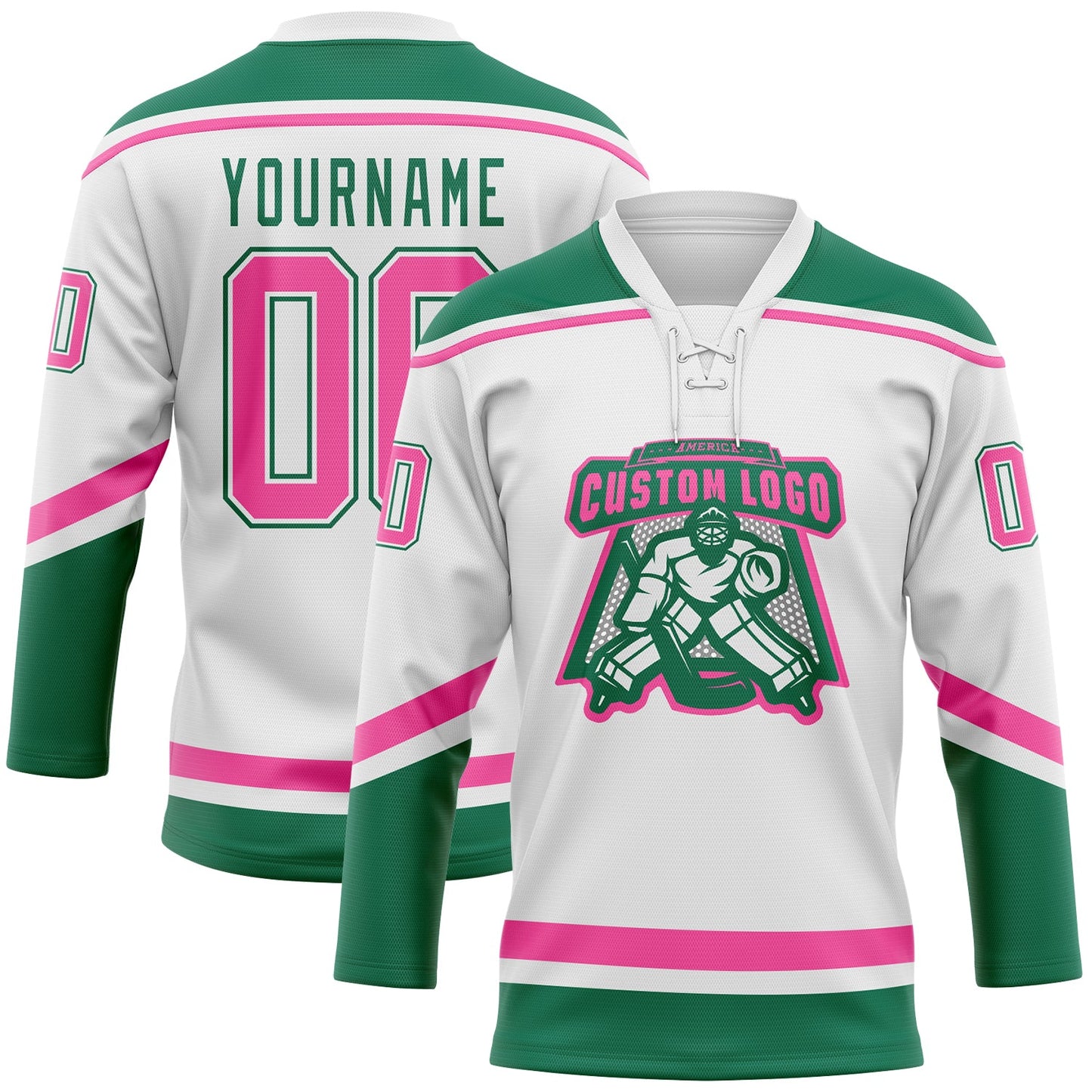 Custom White Pink-Kelly Green Hockey Lace Neck Jersey view 2