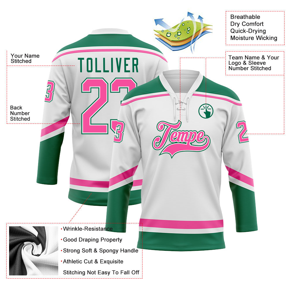 Custom White Pink-Kelly Green Hockey Lace Neck Jersey view 3