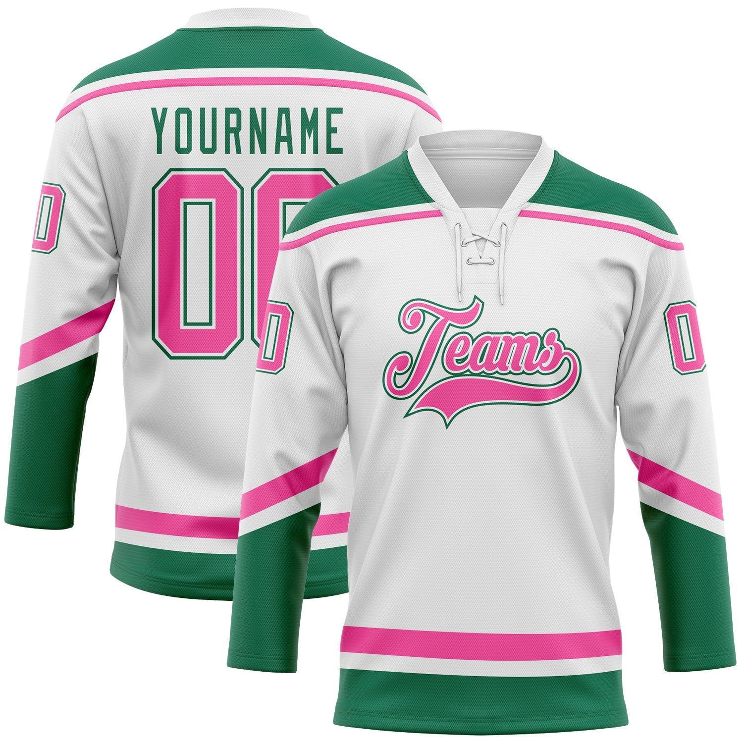 Custom White Pink-Kelly Green Hockey Lace Neck Jersey - Main View
