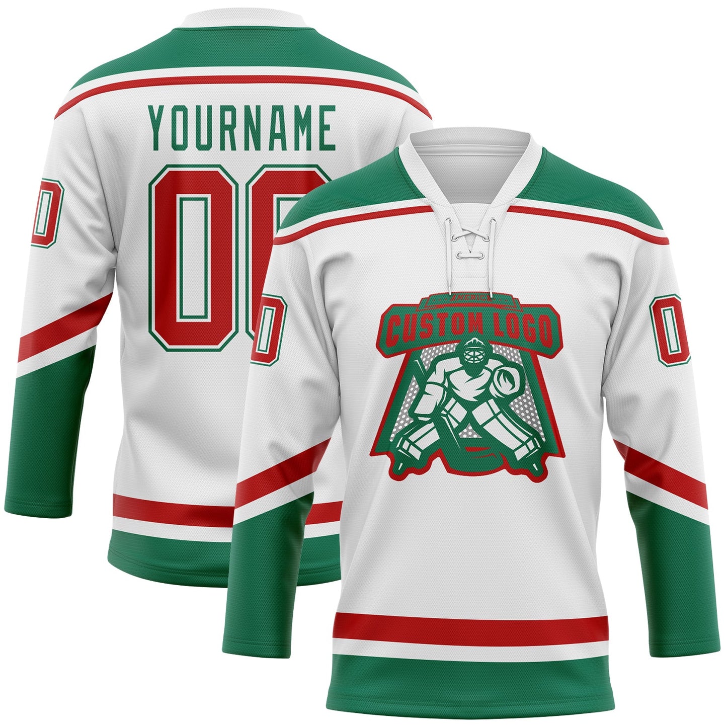 Custom White Red-Kelly Green Hockey Lace Neck Jersey view 2