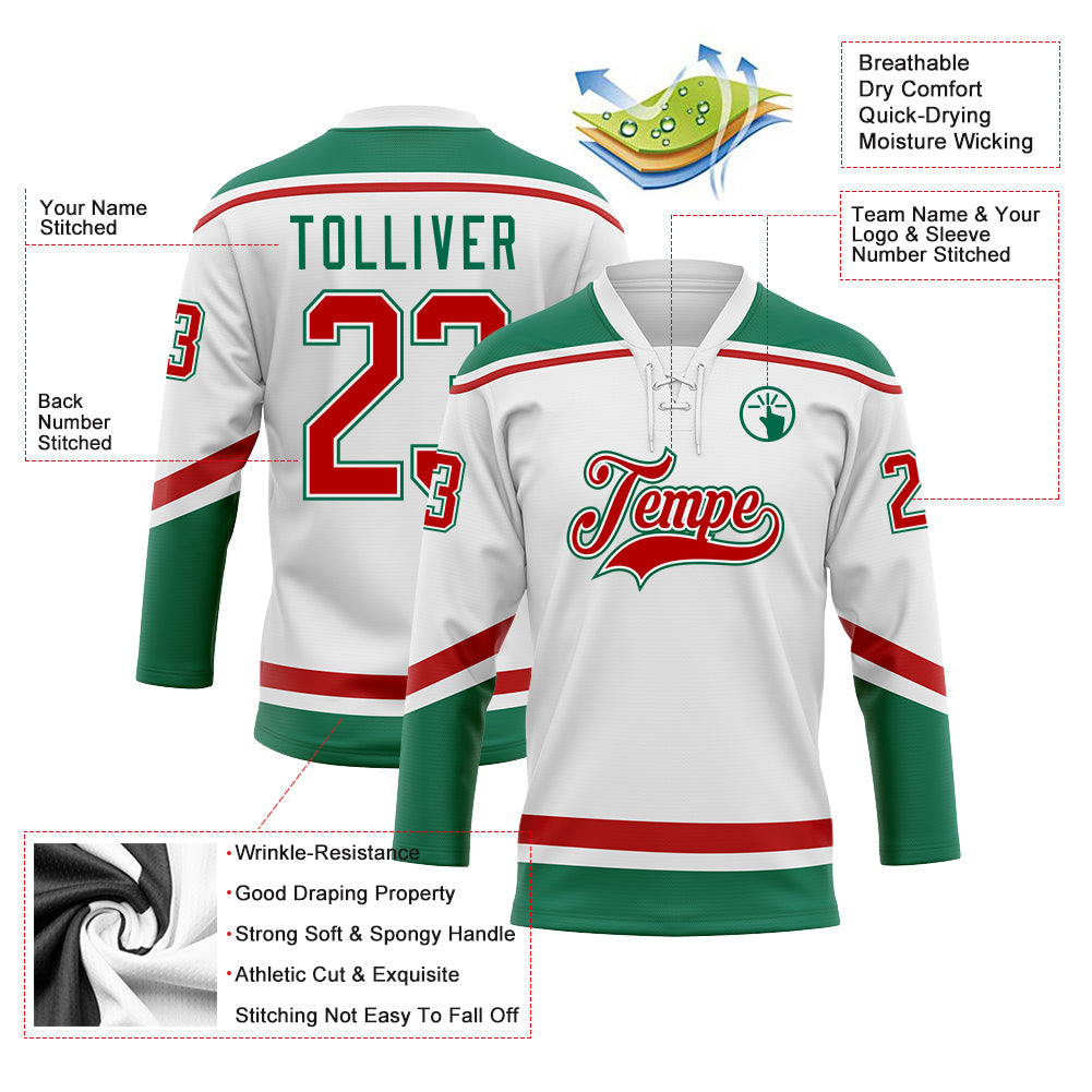 Custom White Red-Kelly Green Hockey Lace Neck Jersey view 3