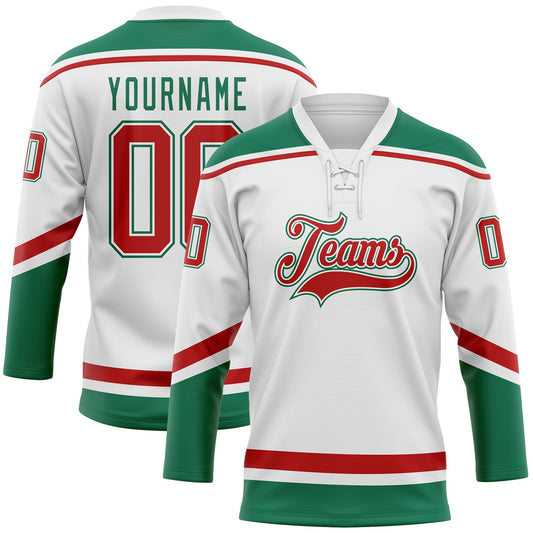 Custom White Red-Kelly Green Hockey Lace Neck Jersey - Main View