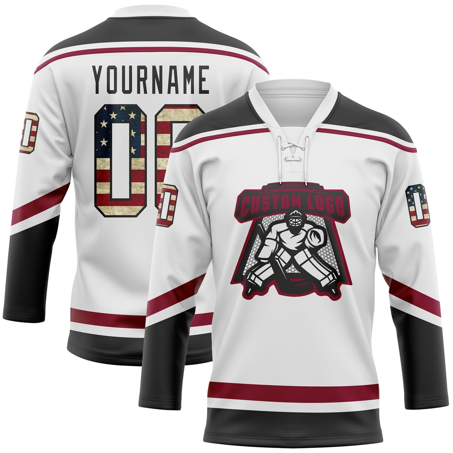 Custom White Vintage USA Flag Black-Maroon Hockey Lace Neck Jersey view 2