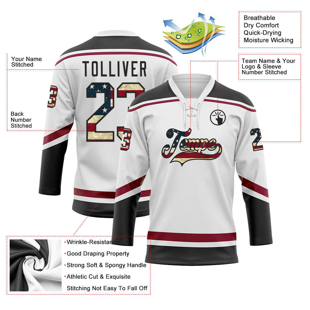 Custom White Vintage USA Flag Black-Maroon Hockey Lace Neck Jersey view 3