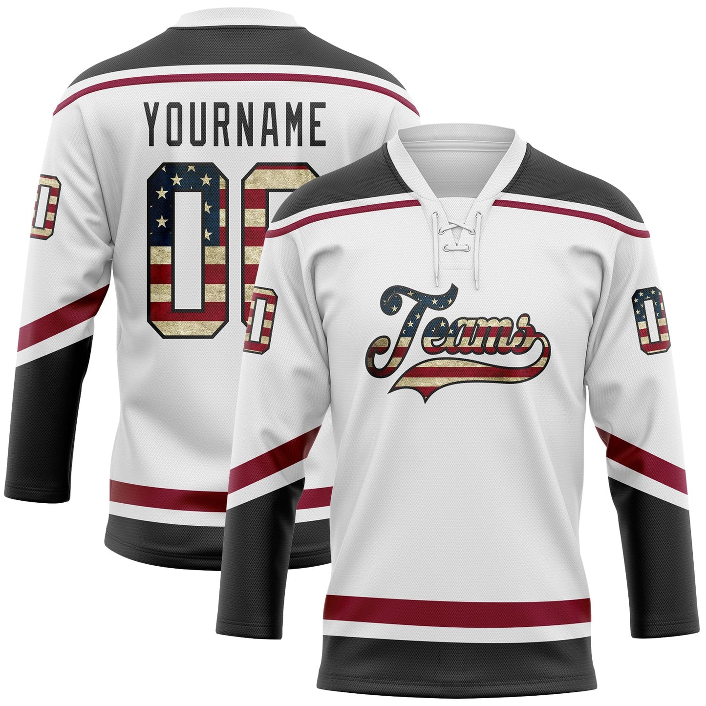 Custom White Vintage USA Flag Black-Maroon Hockey Lace Neck Jersey - Main View