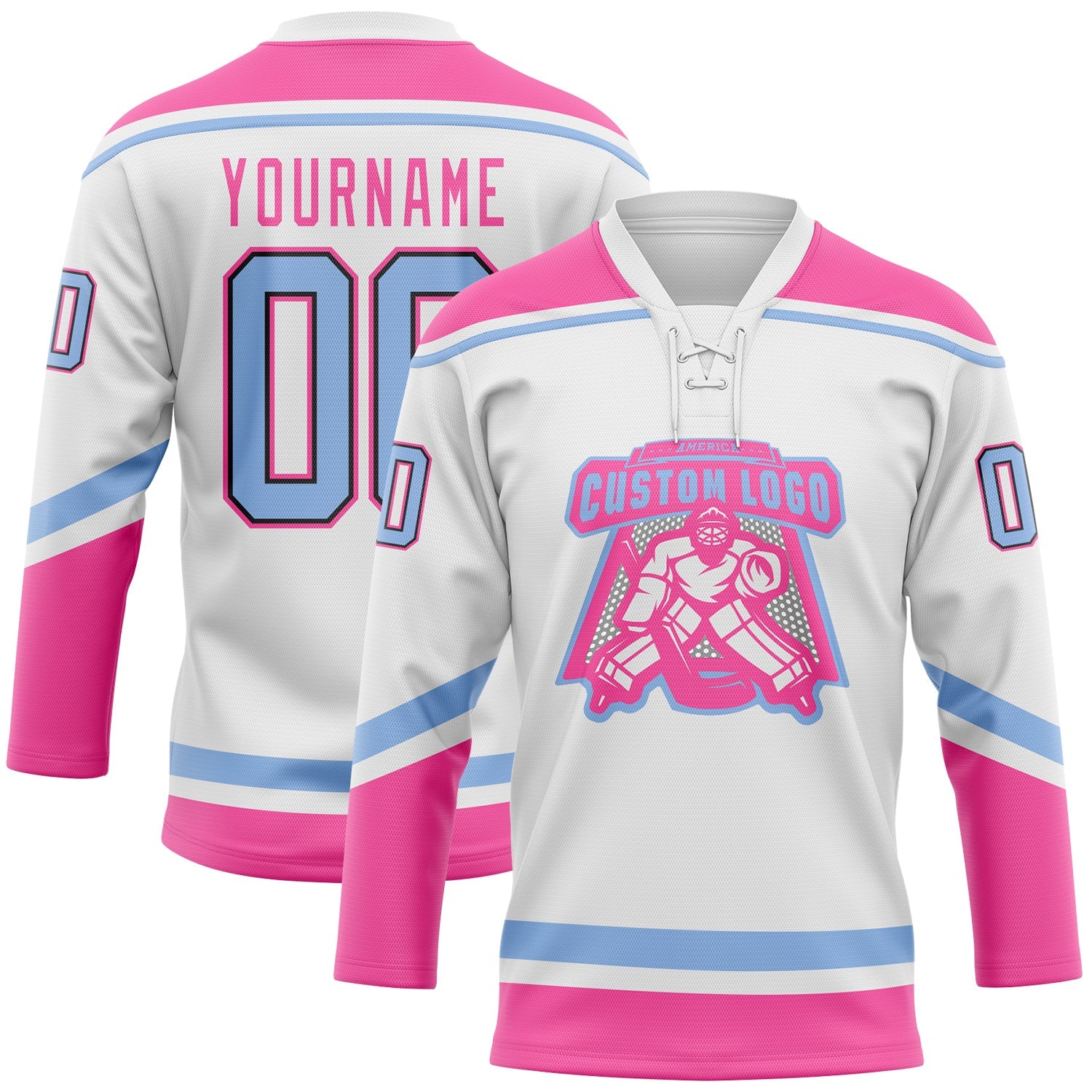 Custom White Light Blue Black-Pink Hockey Lace Neck Jersey view 2