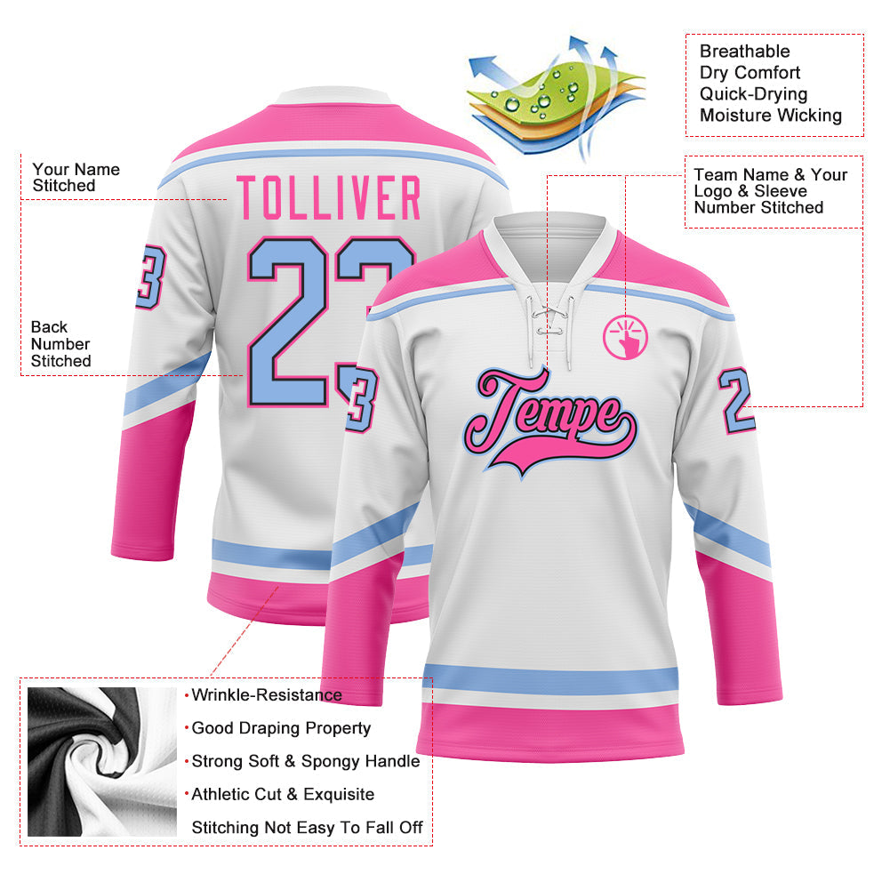 Custom White Light Blue Black-Pink Hockey Lace Neck Jersey view 3