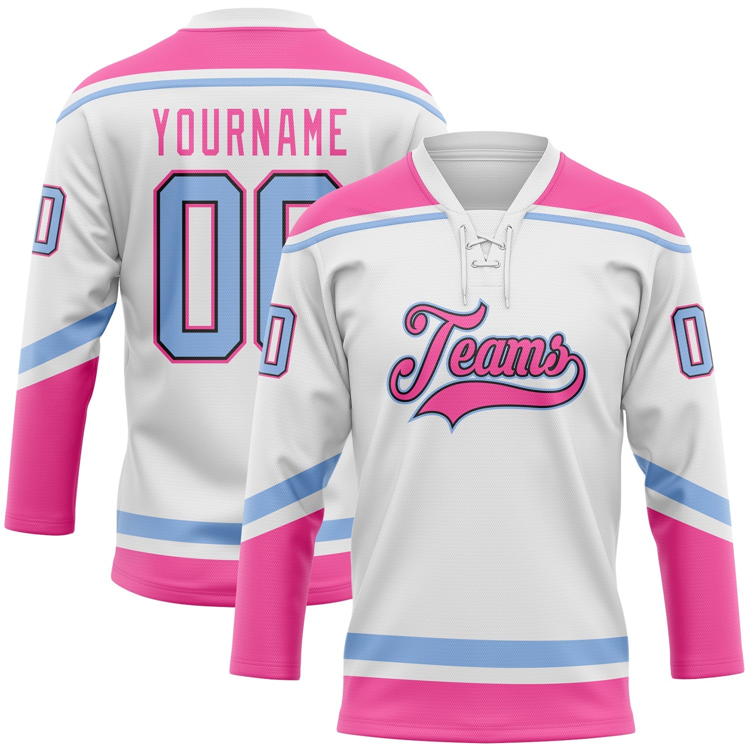 Custom White Light Blue Black-Pink Hockey Lace Neck Jersey - Main View