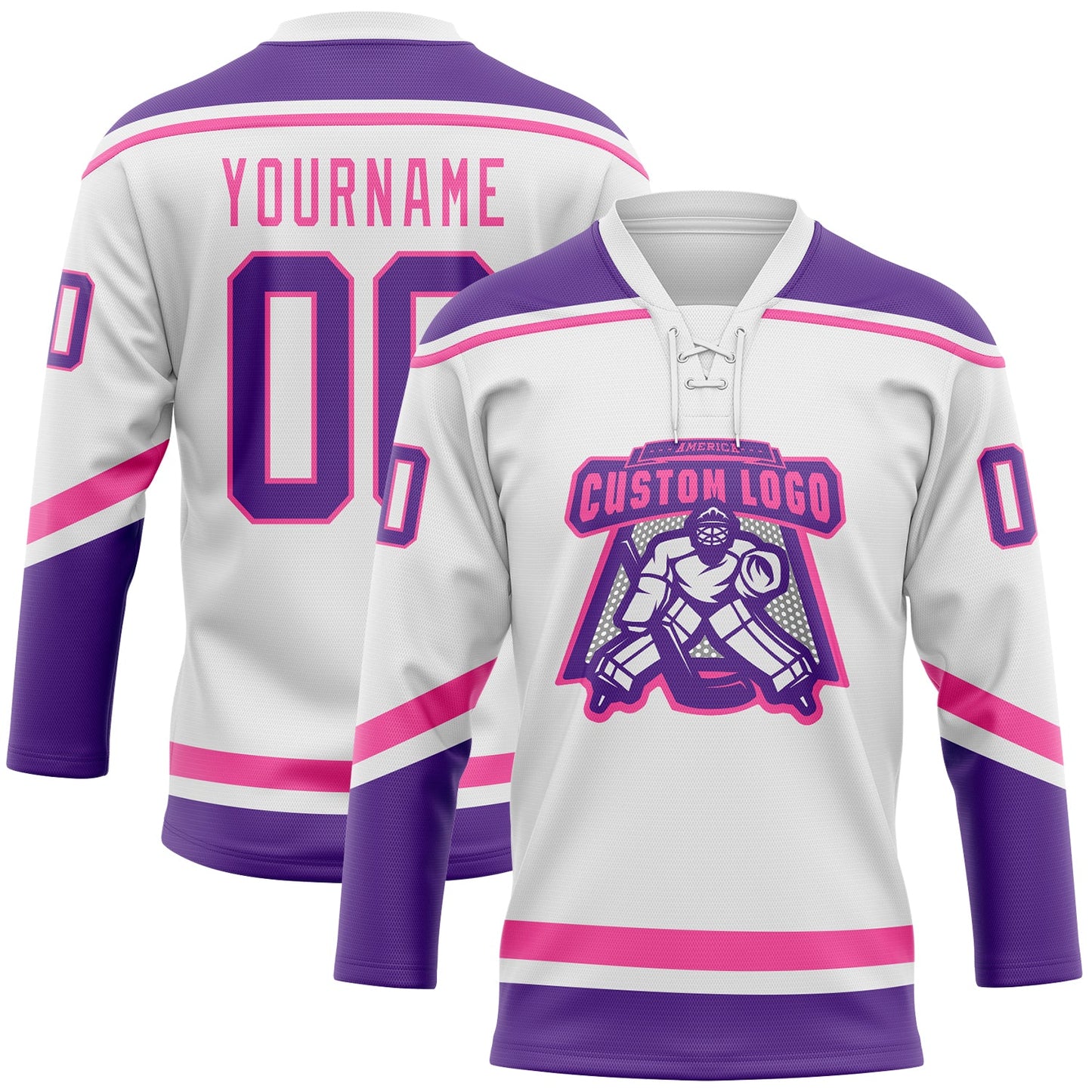 Custom White Purple-Pink Hockey Lace Neck Jersey view 2