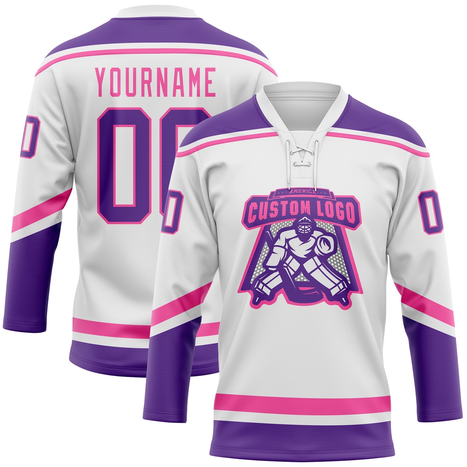 Custom White Purple-Pink Hockey Lace Neck Jersey view 2