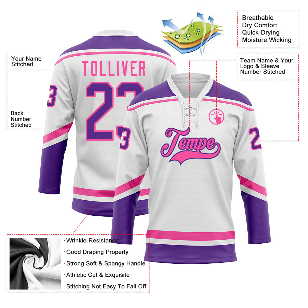 Custom White Purple-Pink Hockey Lace Neck Jersey view 3