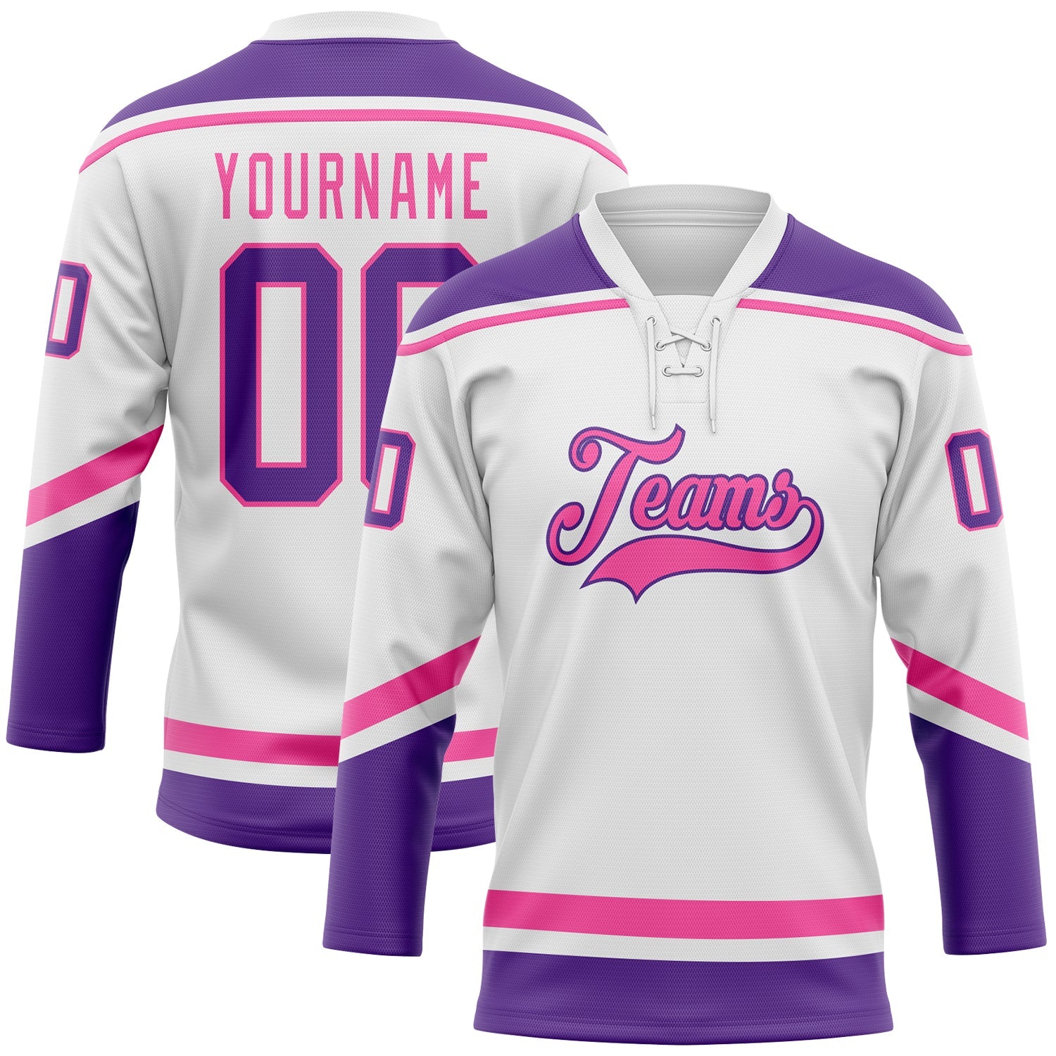 Custom White Purple-Pink Hockey Lace Neck Jersey - Main View
