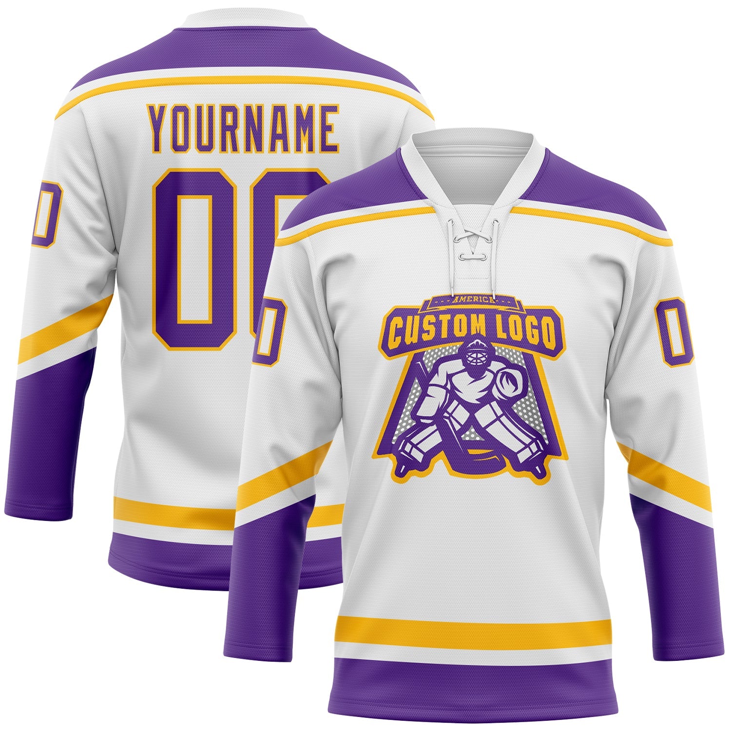 Custom White Purple-Gold Hockey Lace Neck Jersey view 2