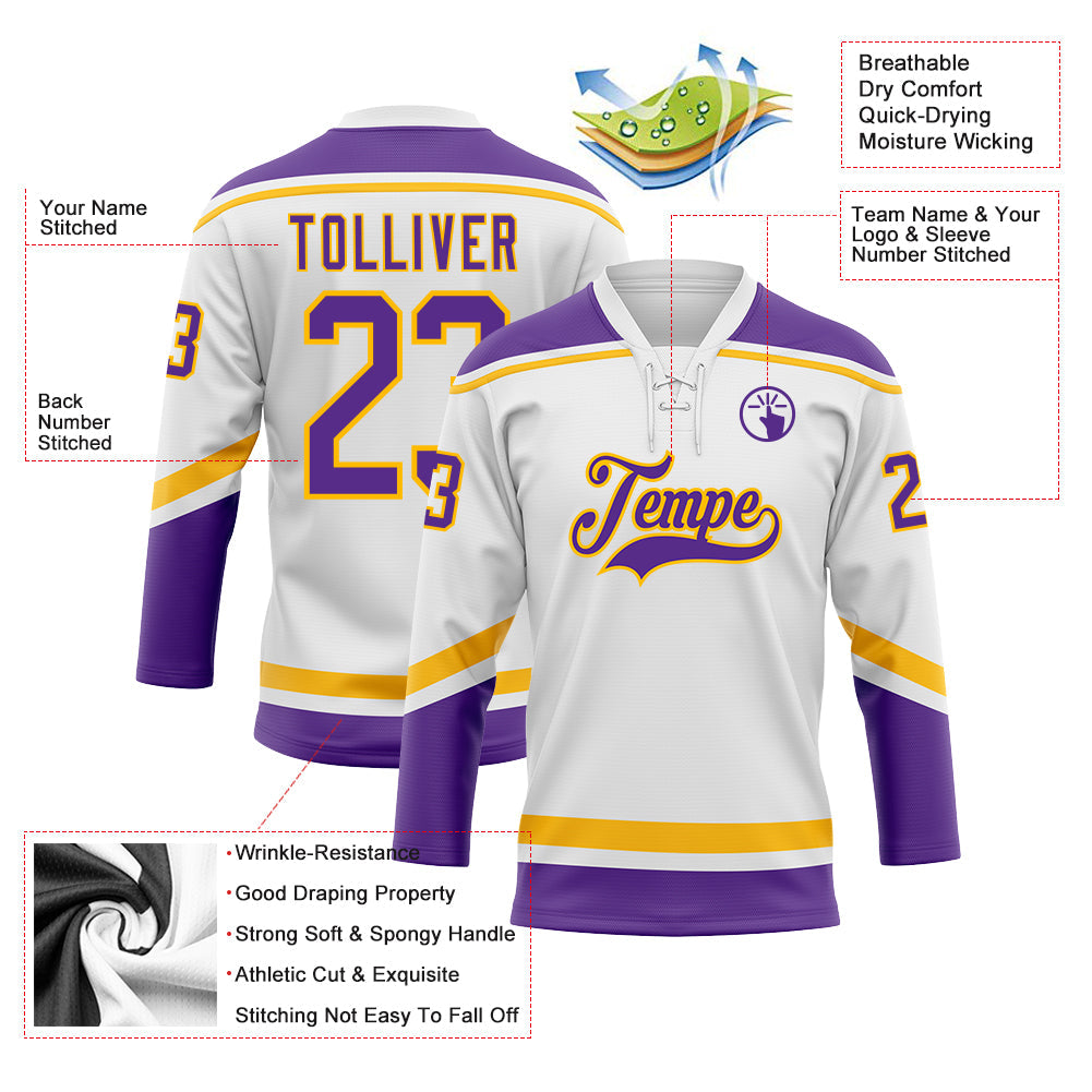 Custom White Purple-Gold Hockey Lace Neck Jersey view 3
