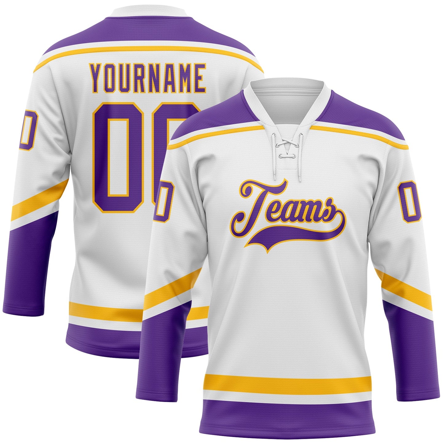 Custom White Purple-Gold Hockey Lace Neck Jersey - Main View