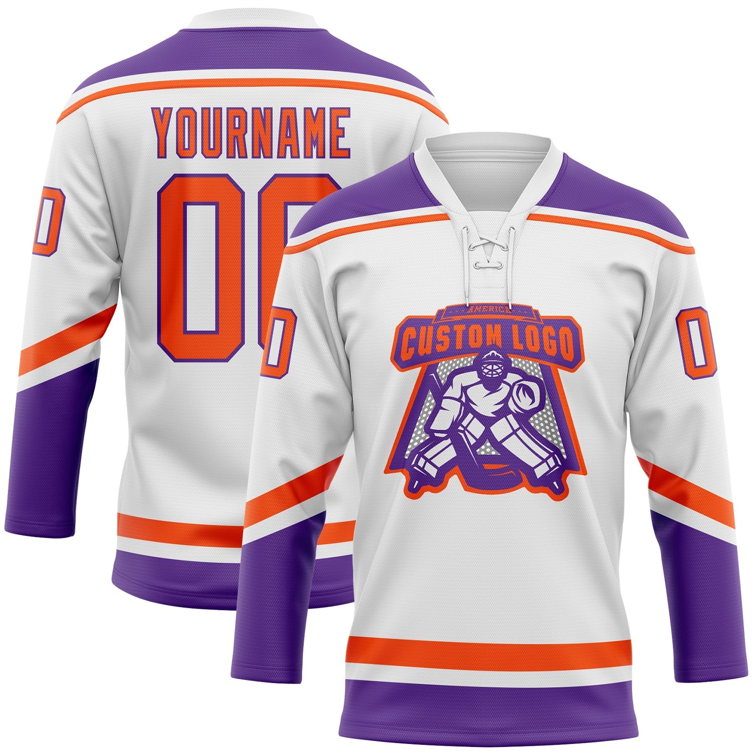 Custom White Orange-Purple Hockey Lace Neck Jersey view 2